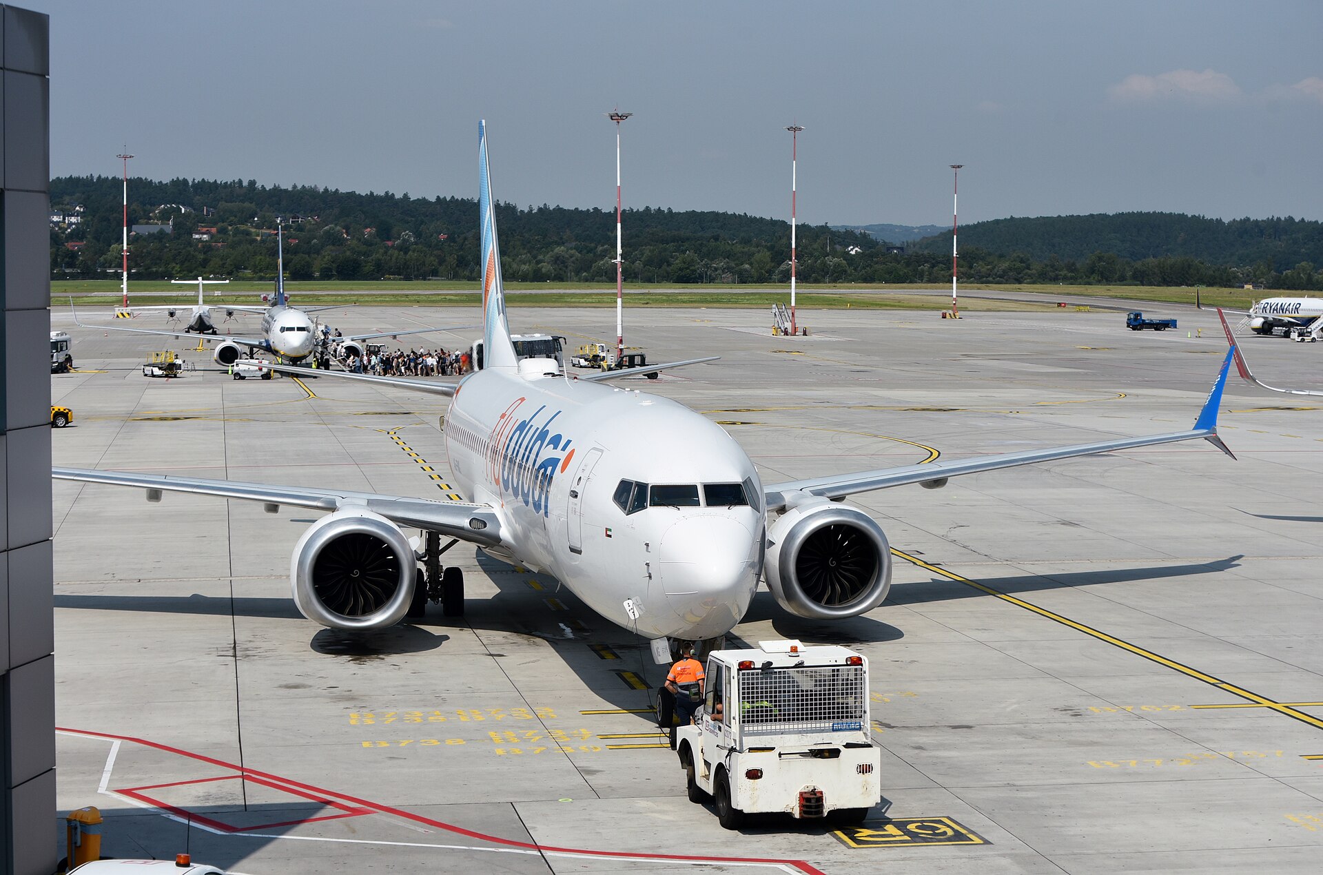 Flydubai Boeing 737 MAX aircraft at Krakow Airport in 2024. Context photograph; not an image of the reported onboard incident.