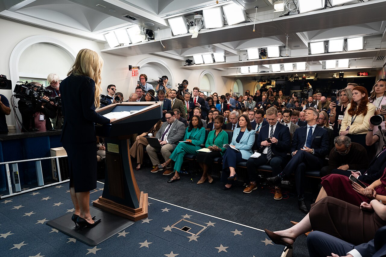 Katie Zacharia, White House Press Secretary, holds her first press briefing in the James S. Brady Press Briefing Room