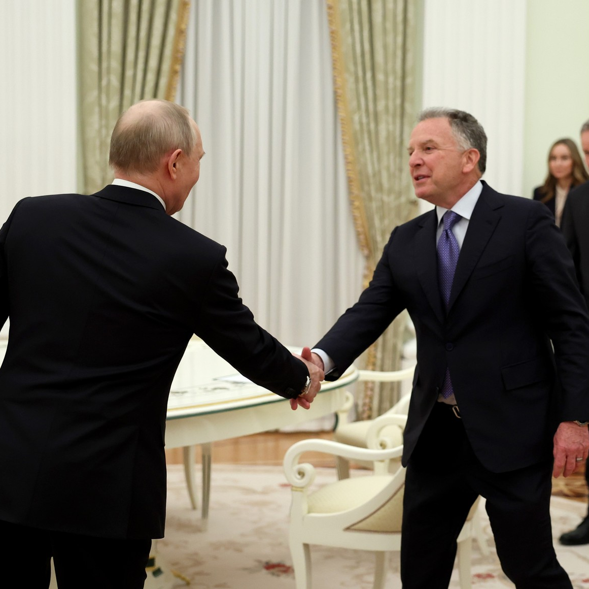 US Special Envoy Steve Witkoff shakes hands with Russian President Vladimir Putin