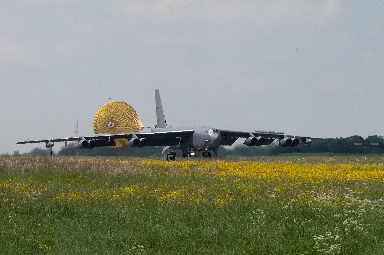 A B-52 Stratofortress lands in support of bomber task force 24-3 deployment at RAF Fairford, England
